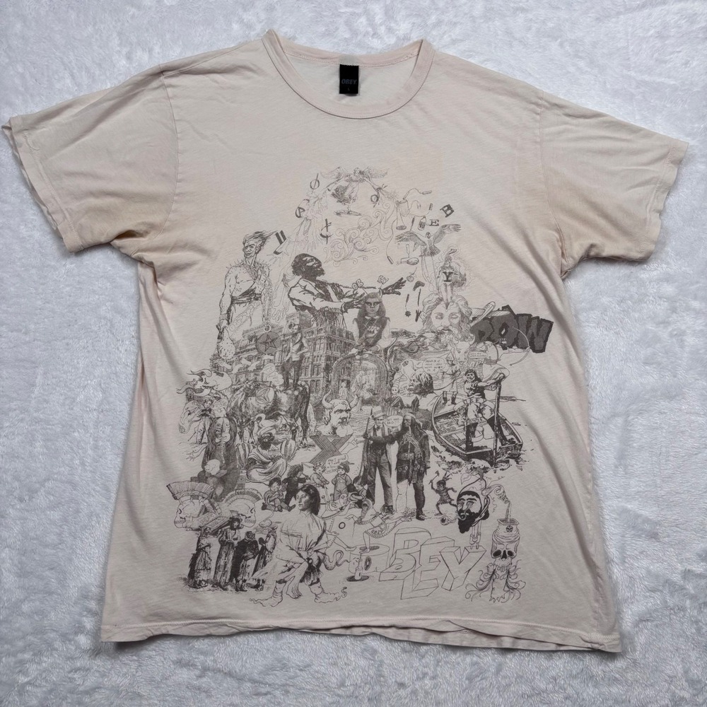 Obey TShirt L (FIT M) Fade Paper Thin Native African Sketch Street Art USA RARE